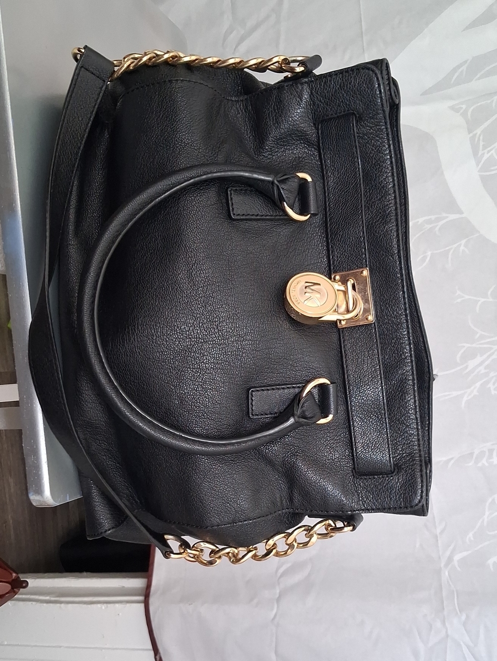 Michael Kors Black  Largr Hamilton  Leather Satchel with Gold-Tone Chain Detail